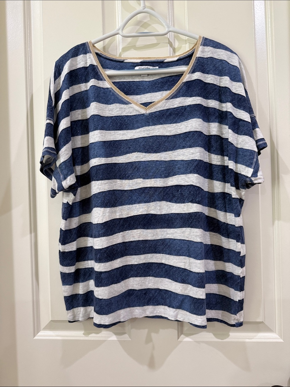 Chico's Navy and White Striped V-Neck Short Sleeve Top